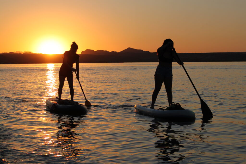 two women  on paddle boards at sunset